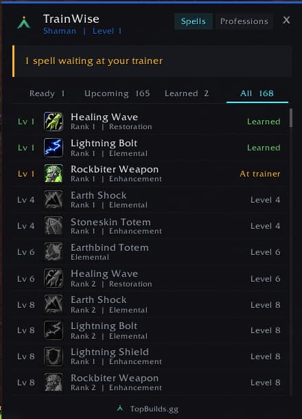 TrainWise window listing every Shaman spell with Learned, At trainer and level-locked states