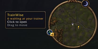 TrainWise minimap button with a badge showing 6 spells waiting at the trainer and its tooltip