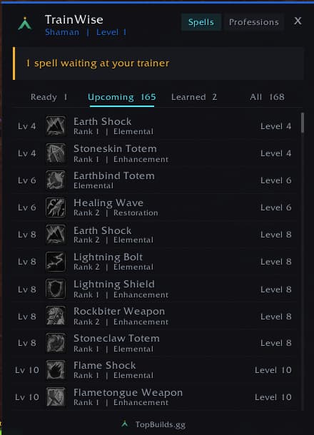 TrainWise Upcoming tab listing spells that unlock at levels 4, 6, 8 and 10